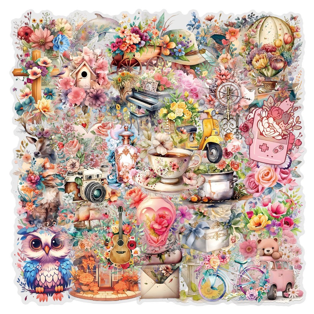 

57 Pcs New "Adding Prosperity" Sticker Pack-Waterproof Transparent PET Journal Flower Supplies Decor Decals(Anime Worlds Store)