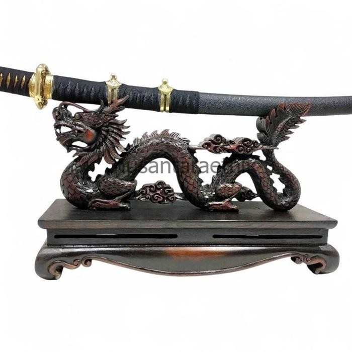 Stand Tempat Pedang Samurai Katana Ukir Naga Liong Kayu Jati Garap Alusan