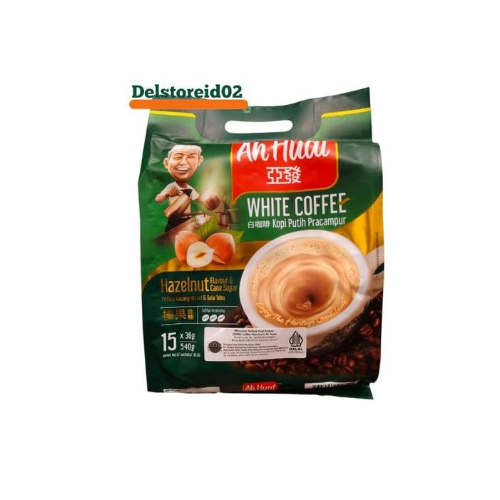 

Ah huat white coffee hazelnut flavor and cane sugar 540gr (15 sachets x 36gr)