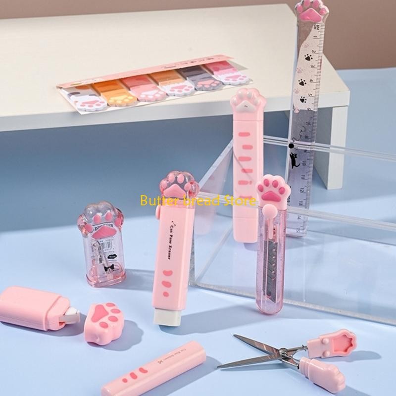 

W89C 9 Pcs Cats Paws Stationery Set Correction Tape Ruler Pencil Case School Supplies