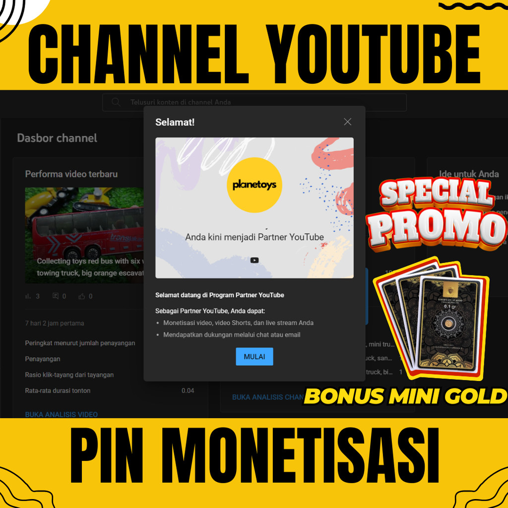 CHANNEL YOUTUBE MONETIASI SUDAH SEPAKET PIN