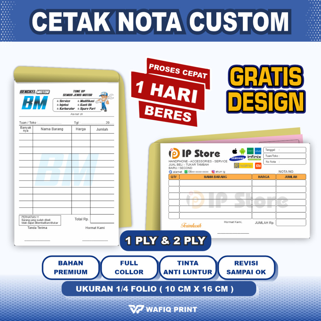 

Cetak Buku Nota custom full Color gratis design nama toko sendiri 1ply/2ply ukuran standar 1/4 folio