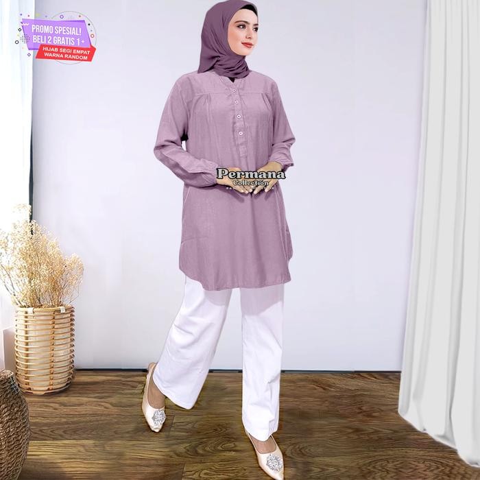 Baju Atasan Wanita Blouse Kemeja Jumbo Busana Muslim Premium Polos - Biru, M