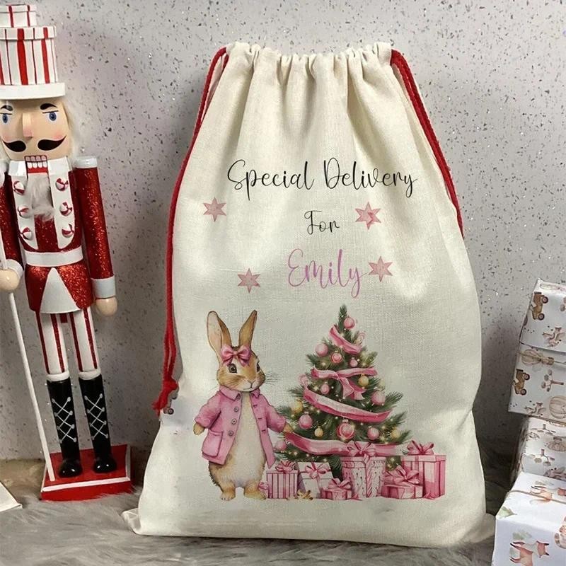 

personalised custom name Rabbit Santa sack stocking Merry Xmas eve holiday Decoration kid girl gift Present Toy Bag