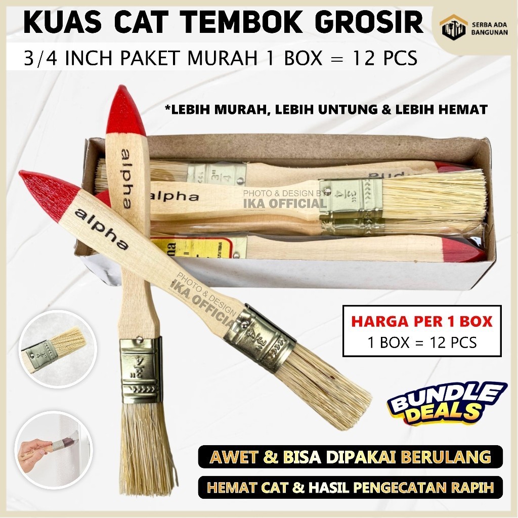 SAB Kuas cat tembok / serbaguna gagang kayu 1/2 in bagus termurah kuat kuas cat 3/4" inchi 1Lusin ku