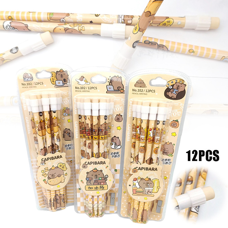 

1pack Cartoon Capybara HB Pencils 12 Pencils& 1 Pencil Roller Stationery Box Set, Student Writing Drawing HB Pencils Sketch Pens