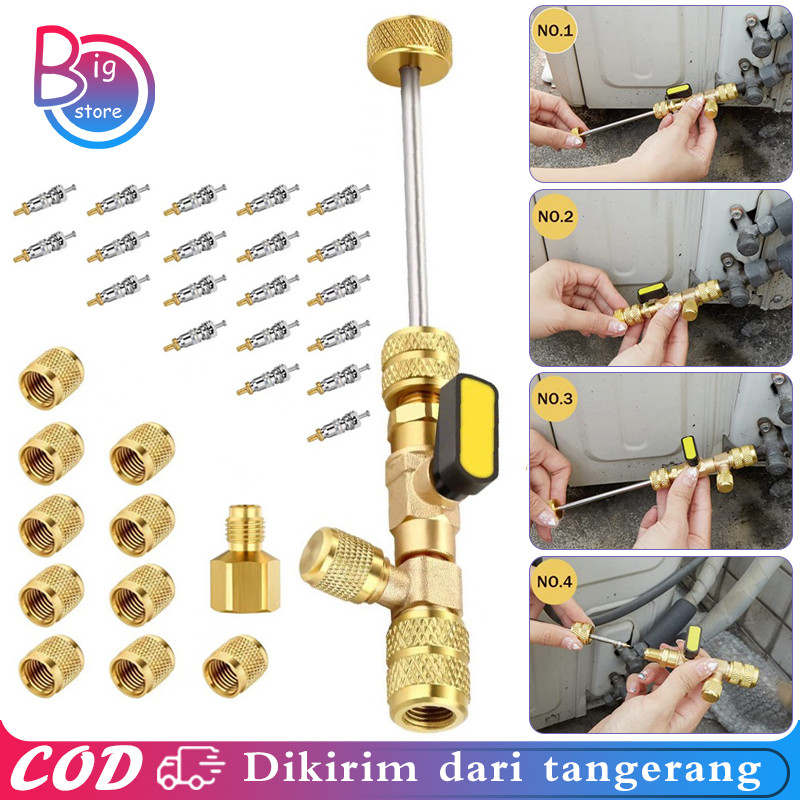 32pcs/Set Valve Opener Value Alat Cabut Buka Pentil Ac Rumah Split Valve Core Remover R22 R32 R134 R