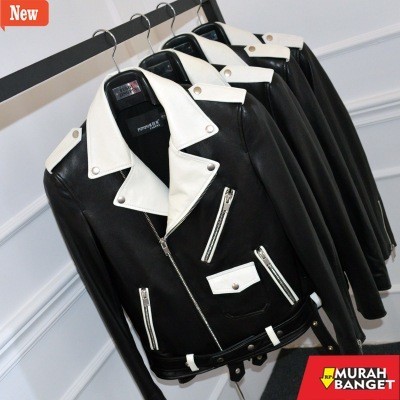 jaket kulit pria garut Jaket ramones kombinasi hitam+putih terbaru