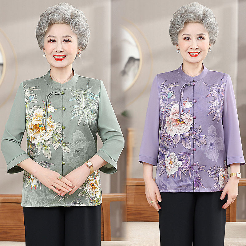 Ibu paruh baya dan lanjut usia gaun musim panas nenek blus kemeja Cina kemeja paruh baya baju musim 
