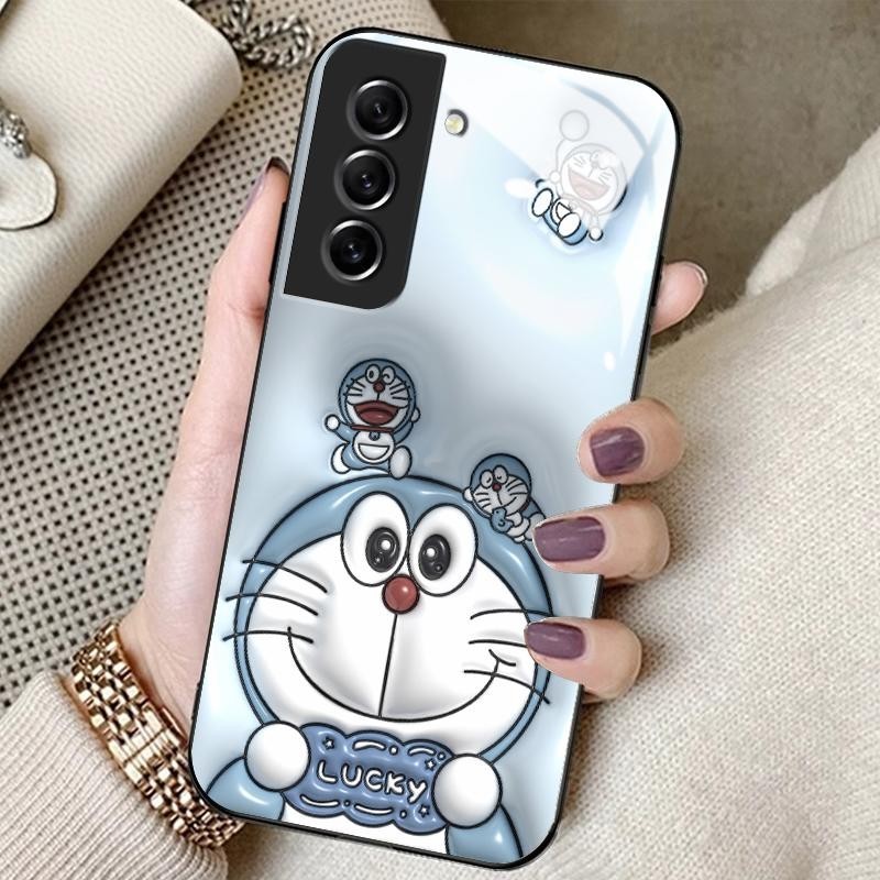 Kaca Glass Case For Samsung S21 FE 5G S21 5G S21 Plus S21 Ultra Slikon Back Cute Doraemon Casing Pon