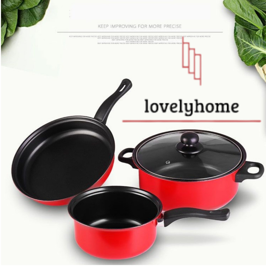 HE15TQ Panci Set 3 IN 1 Anti Lengket Panci Isi 3 Tutup Kaca Panci Set Pot Cookware Set