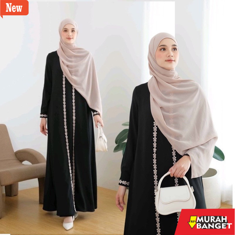 abaya shopee haul 2024 Gamis Hitam Polos Aplikasi Renda Abaya Turkey Baju Syar i Umroh Simpel