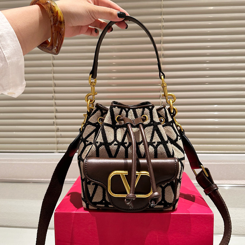 (with Box)Valentino  New LOCO RAFFIA Bucket Bag for Women's Fashionable and Stylish Mini Shoulder Ba