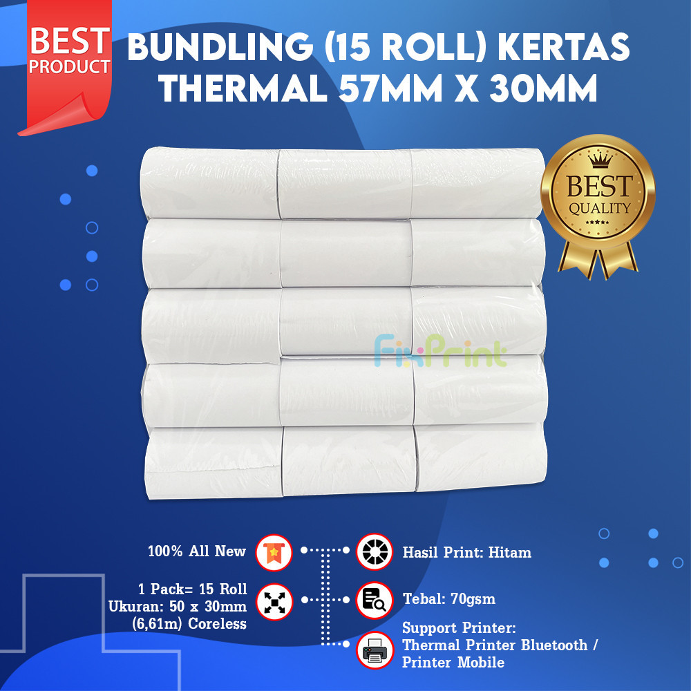 

New Kertas Kasir Thermall 15 Roll 57x30 57x30 58x30 58x30 EDC Core Tanpa Core Thermall