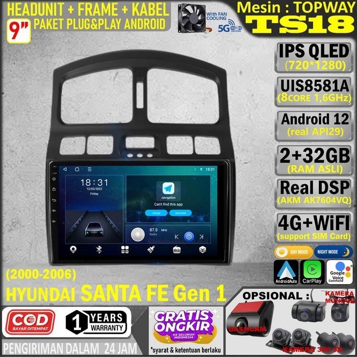 Paket Headunit Android 9 inch + Frame + Soket PNP Hyundai Santa Fe 2000 Gen 1 Topway TS18 UIS8581A-O