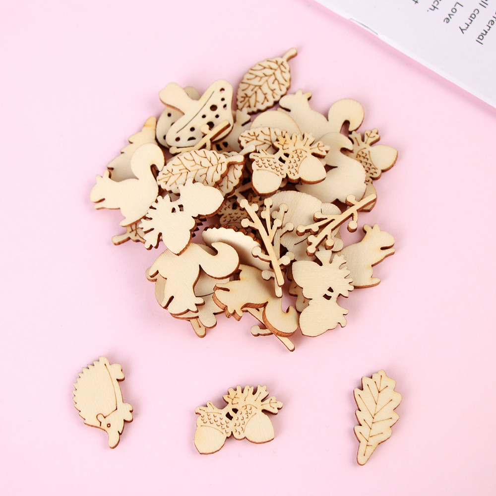 

50pcs Unfinished Wood Cutouts Wood Animal Mushroom Leaf Shape Natural Wood Pieces for DIY Crafting Ornament Decorations