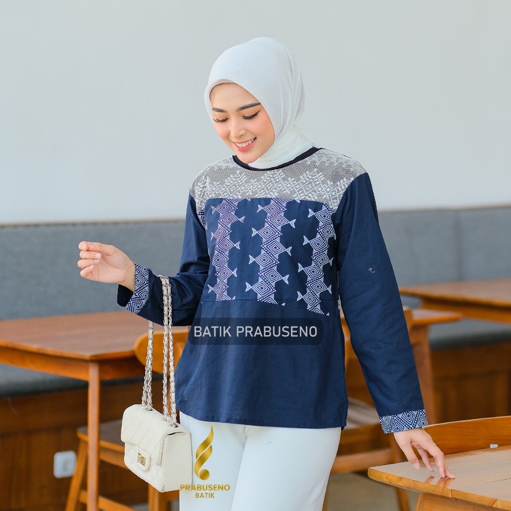 ASIFA BLOUSE BATIK PRABUSENO Tunik Wanita Modern Lengan Panjang Katun Atasan Kerja Kantoran Remaja B