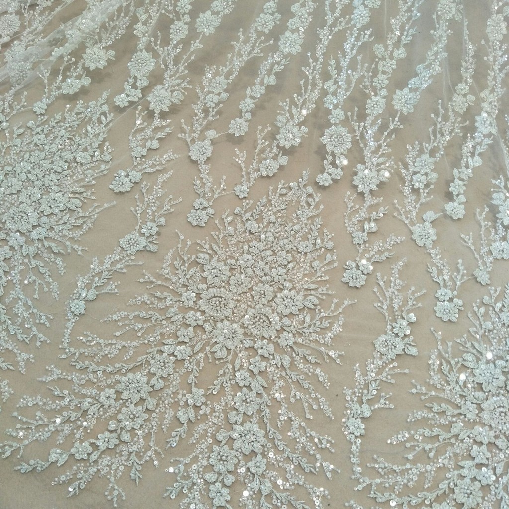 

Off white color and Silver line Lace Fabric for Wedding Dress, with beads and sequins,DIY Children's Clothing, Width 130cm,