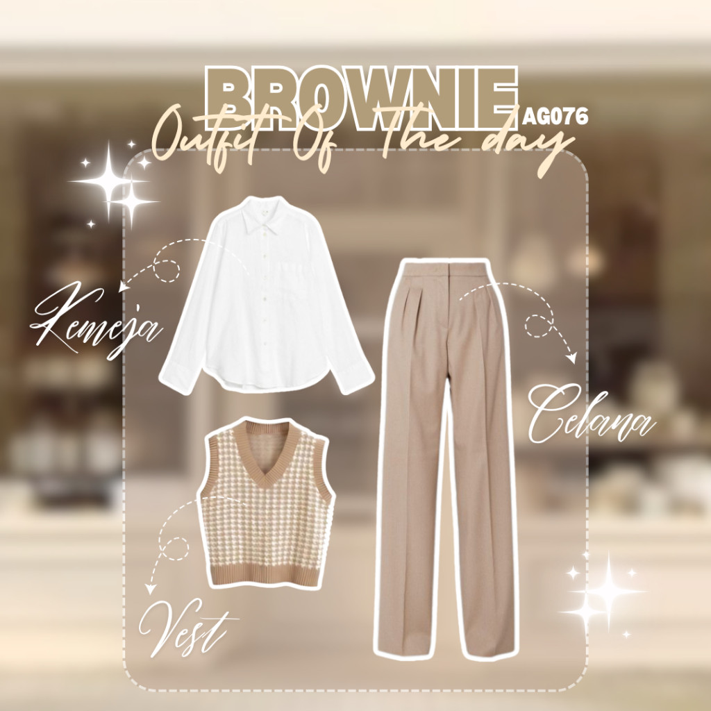 dazzel 3in1 OOTD Korean Style Wanita Outfit Set Korean Style Kemeja Putih Vest Mocca Celana Mocca Ou