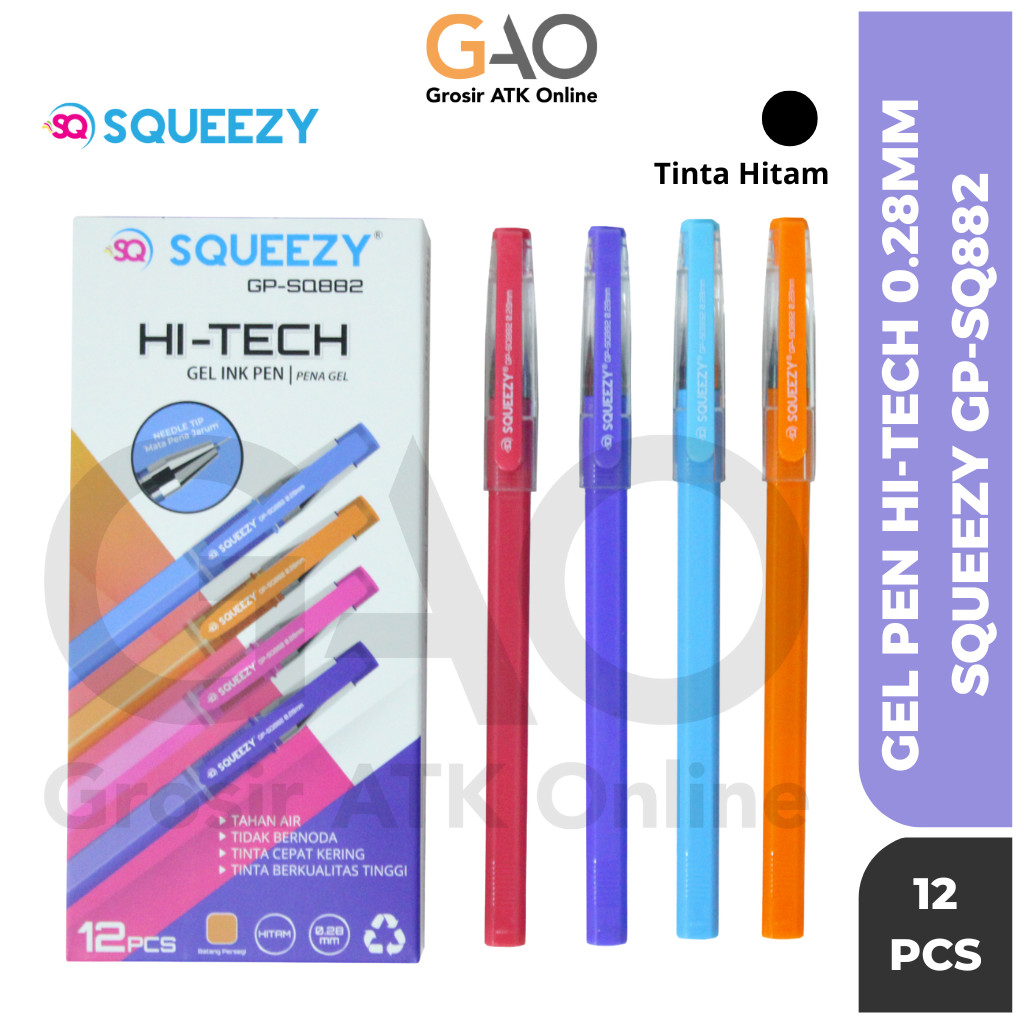 

( 1 Pack 12 Pcs ) Gel Pen Hi-Tech / Pulpen Hi Tech Squeezy 0.28mm Hitam GP-SQ882