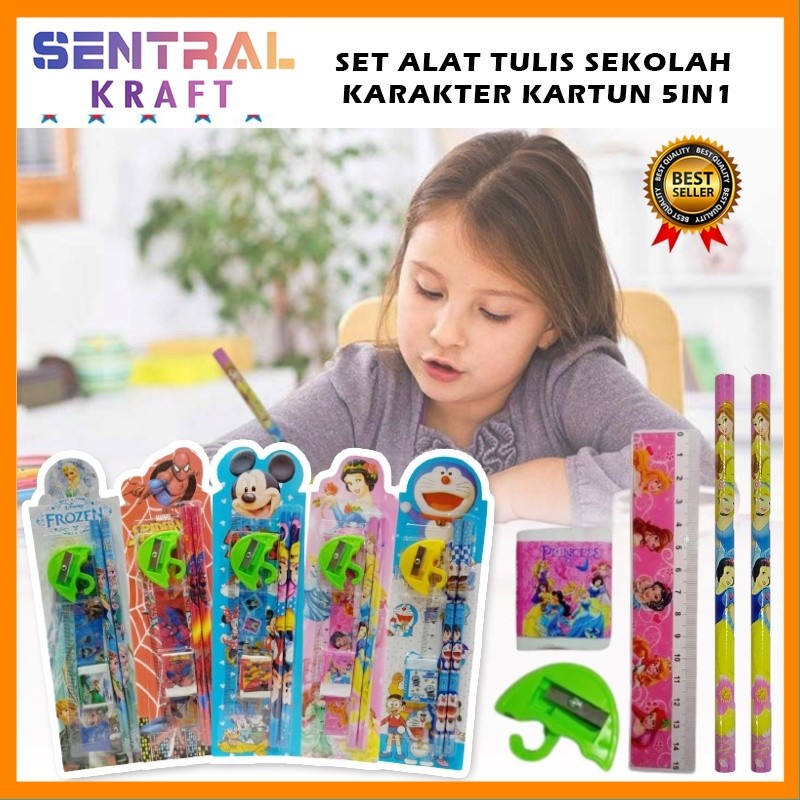 

Alat Tulis Karakter Set 5In1 / Paket Lengkap Pensil Penghapus Rautan Penggaris Bergambar Kartun / ATK Peralatan Menulis Anak Sekolah 5 In 1 Souvenir Hadiah kado Motif Lucu Unik Disney Doraemon Frozen Spiderman Mickey Princess [SK]