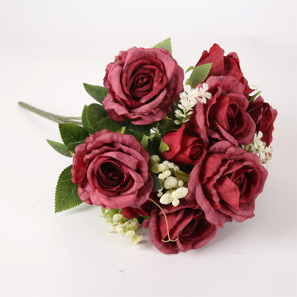 Bunga Buatan Buket Mawar Sutra Sentuhan Asli 12 Kepala Bunga Palsu Dekorasi Pesta Rumah Buket untuk 