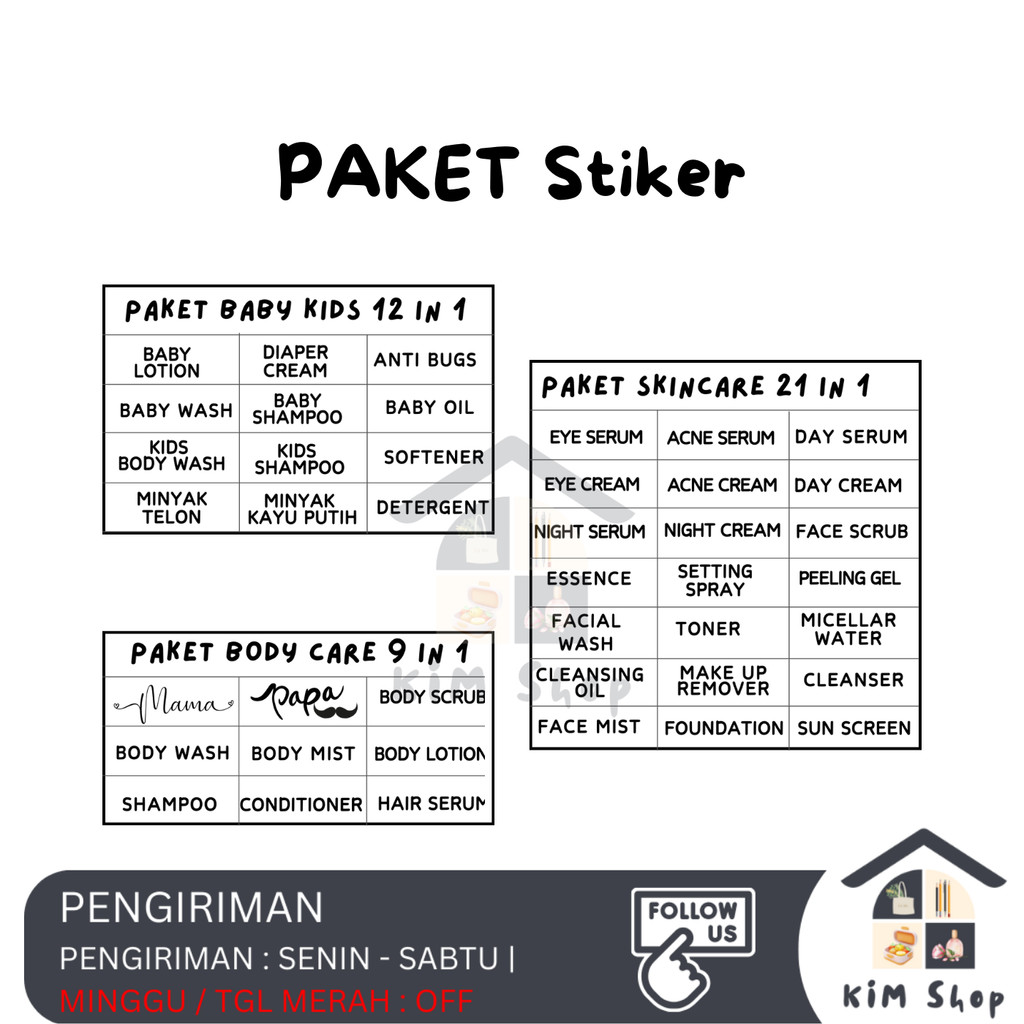 

KIM SHOP Paket Label Sticker Botol Wadah Stiker Skincare Makeup Bodycare Travel Transparan Vinyl Aesthetic Waterproof Tahan Air