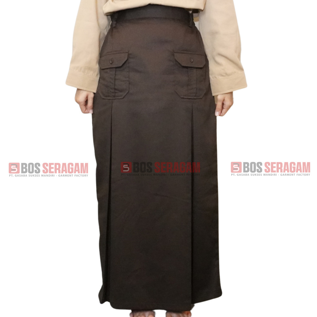 BOS SERAGAM Rok Pramuka Saku Dua Coklat Panjang Karet SD SMP SMA Saku Dua Depan Pramuka Span