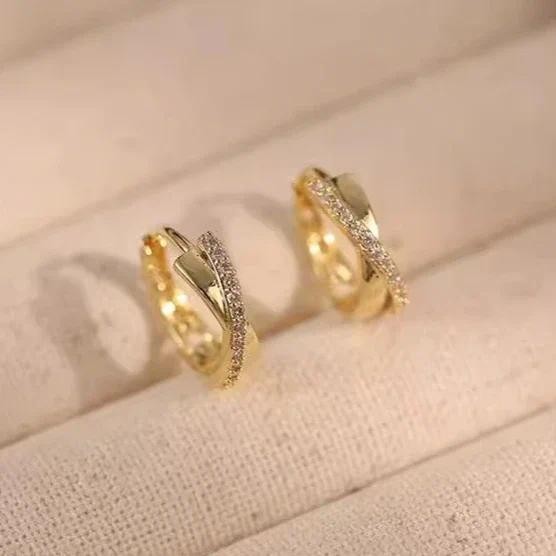 Real 925 Sterling Silver 14K Gold Hollow Cross Wave Zircon Hoop Earring for Women Minimalist Fine Je