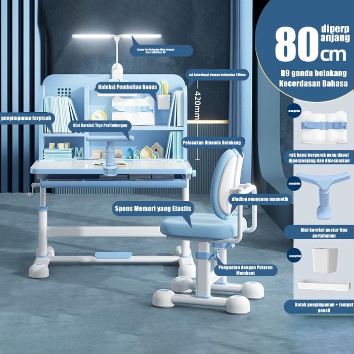 Meja belajar siswa meja les anak kursi sekolah/meja belajar 1 set - Biru Muda  PROMO 
