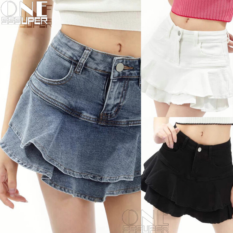 Rok Lipit Denim Pinggang Tinggi Wanita Rok Pendek Denim Biru Rok Denim A-line