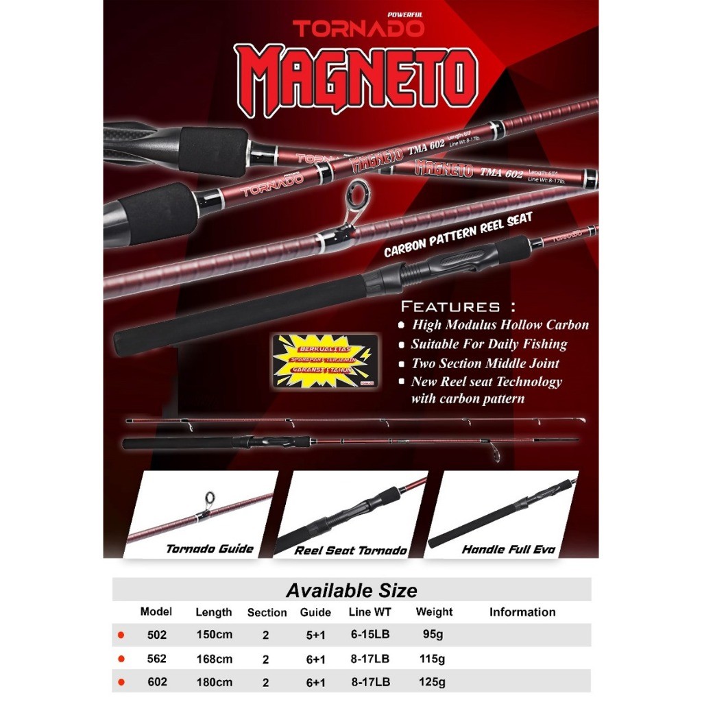 Joran Spinning Tornado MAGNETO 150cm - 180cm Carbon Hollow Ulir Joran Pancing Kolam Galapung dan Gal