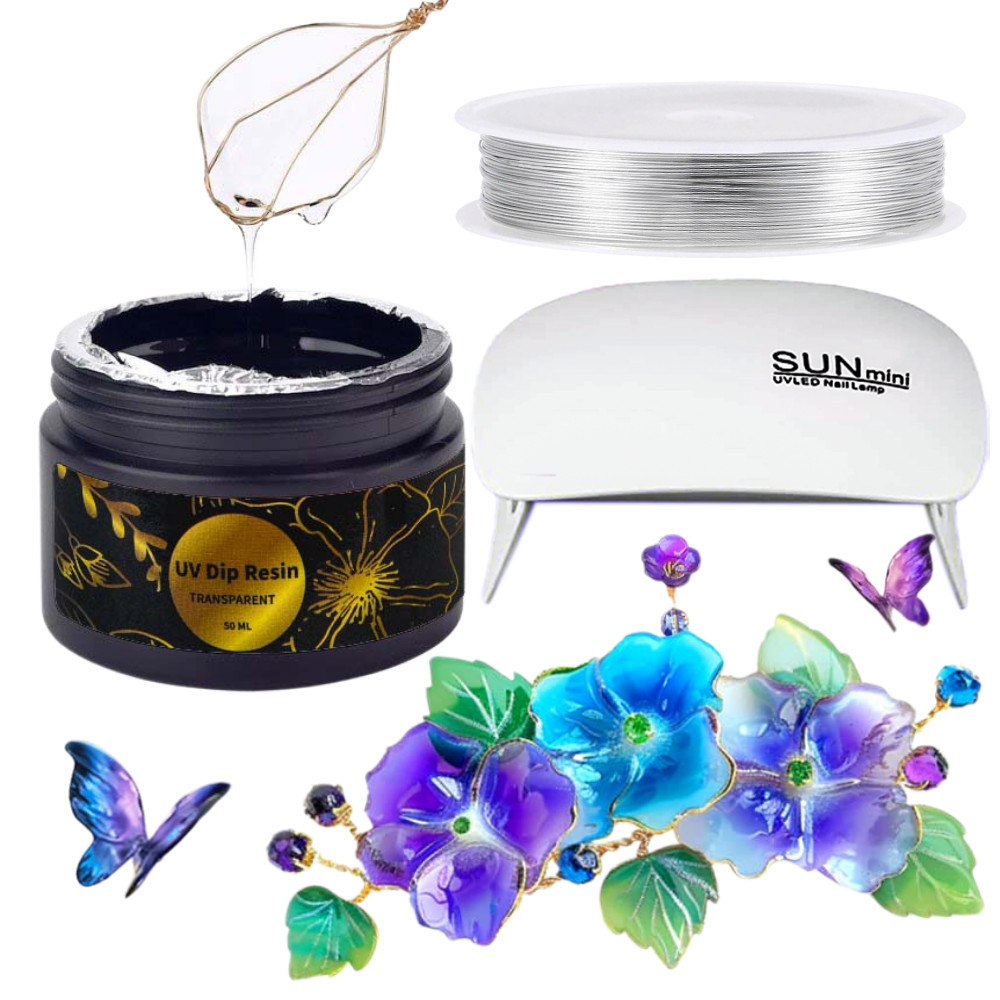 

50g/100g UV Resin Kit with UV Lamp & Silver Floral Wire - Crystal Clear Fast Curing Resin for Wire Flowers, DIY Jewelry Making
