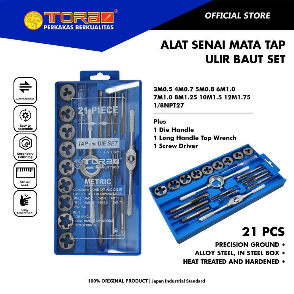 TORA Alat Senai Mata Tap Ulir Baut Set 21 Pcs - Pelubang Baja Besi Drat Baut Rusak Dol - Tap & Die