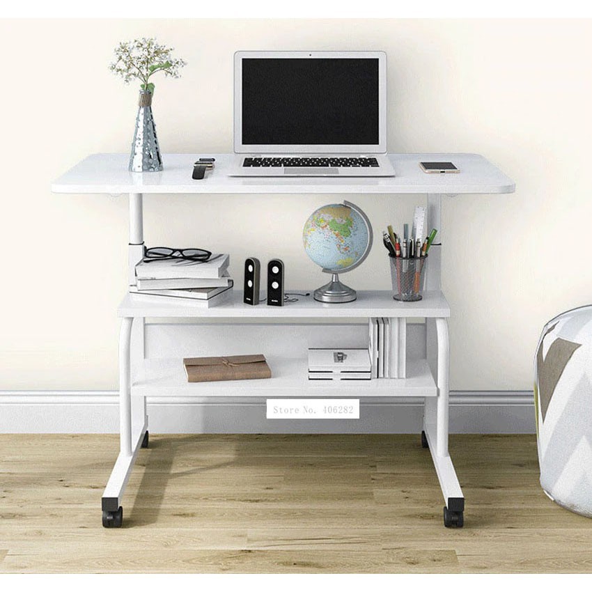 Meja Rak Kerja Makan Belajar Tulis Laptop Adjustable Stand Besi Roda Ranjang Portable Kasur Office