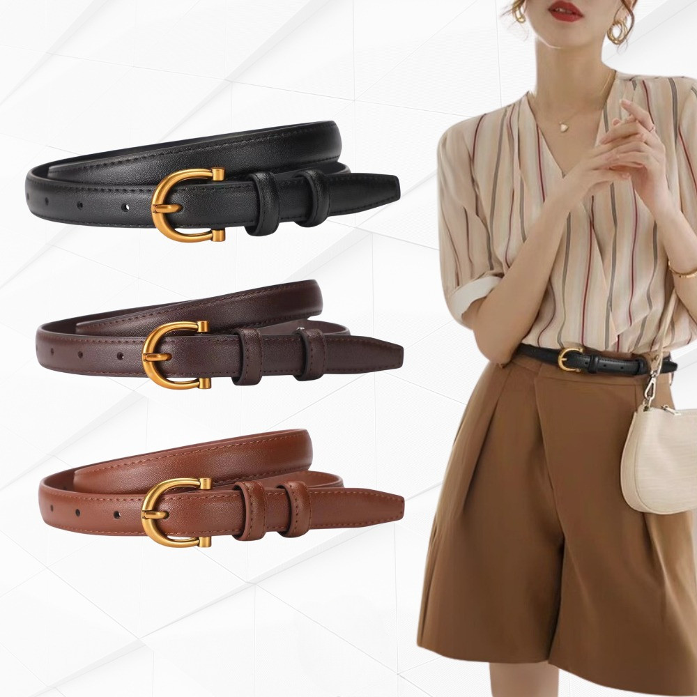 Ikat Pinggang Kulit Asli Wanita Minimalis Versatile untuk Jas, Rok, Kulit Sapi Lapisan Atas, Ikat Pi