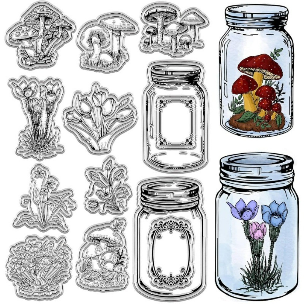 

1pc Vintage Bottle Clear Rubber Stamp Glass Jar Plants Mushroom Flowers Transparent Silicone Seals Stamp Retro for Journaling