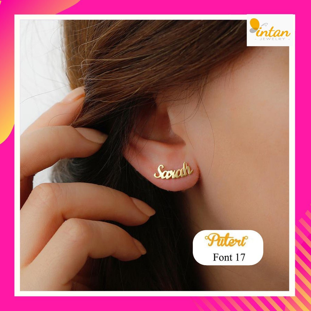 Sepasang Anting ukir nama huruf tusuk titanium lapis emas perak anak custom giwang subang kerabu jep