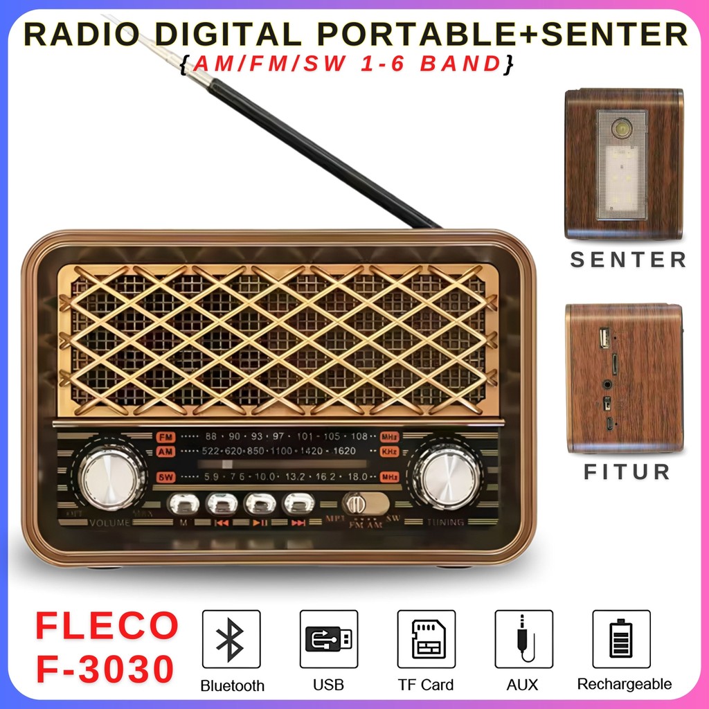 SERBA COD Radio Portable Bluetooth+Senter FLECO F-3030BTL Radio Clasic FM/AM/SW/USB/Memory Suara Yan