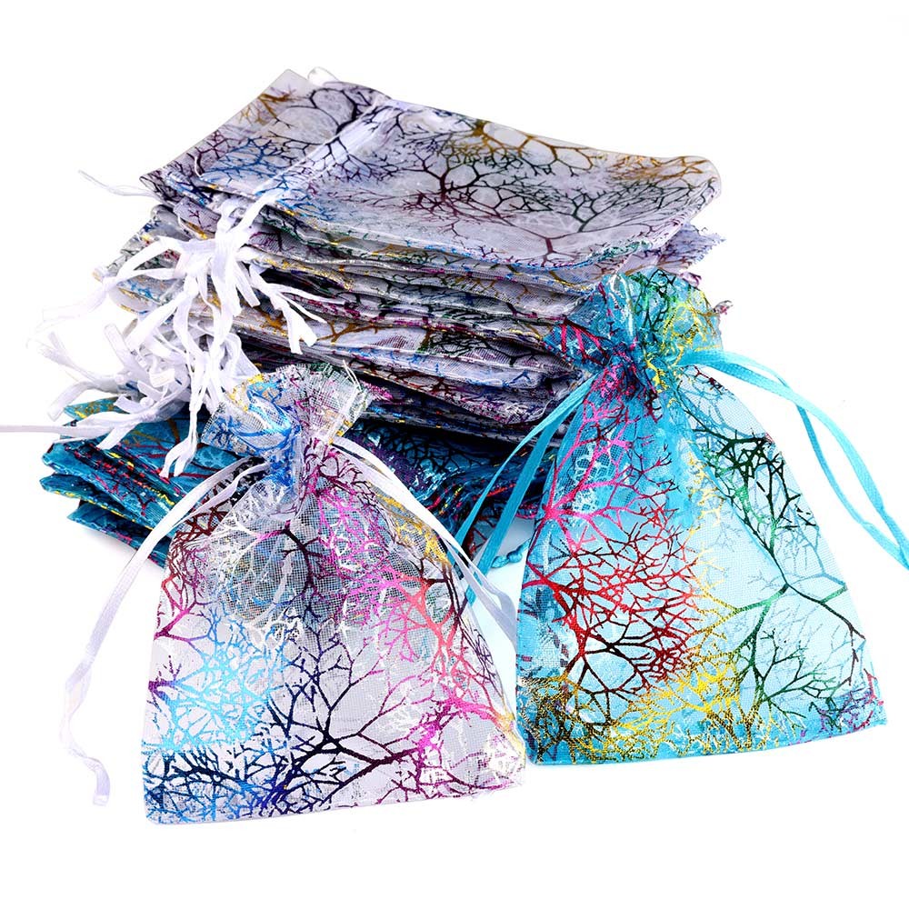 

25/50/100pcs/lot Organza Gift Bag Jewelry Packaging Drawstring Bag Multi-size Colorful Trees Printing Party Wedding Candy Bag