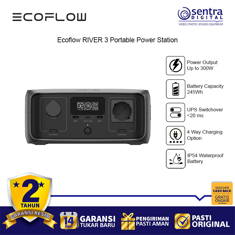 EcoFlow River 3 Portable Power Station 245Wh 300W | Stasiun Daya Portabel Output AC DC USB Type-C