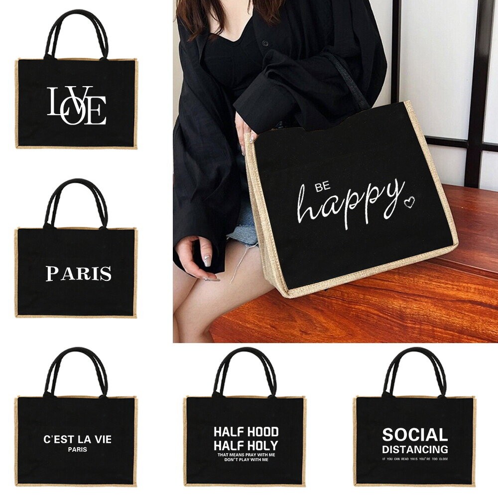Tas Linen Jute HandBag Jute Shopping Bag Jute Handbag Beach Bag Text Series Reusable Grocery Storage