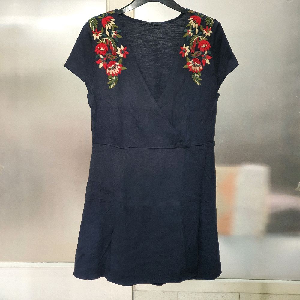 G baju wanita mini dress zara knit biru tua bordir bunga preloved second Casual Navy Pesta