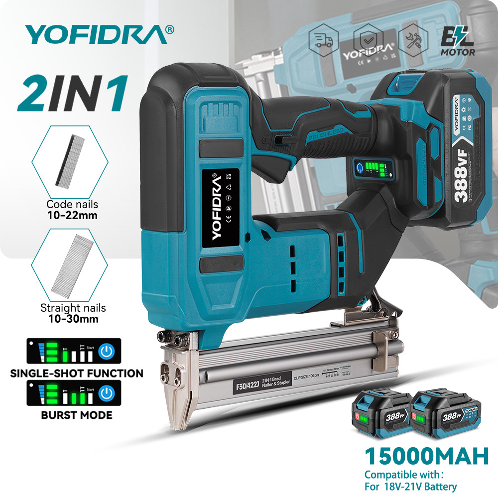 

YOFIDRA Brushless Electric Nail Gun Cordless 30mm Stapler Framing Nailer Tacker Furniture Woodworking Tool For Makita 18VBattery