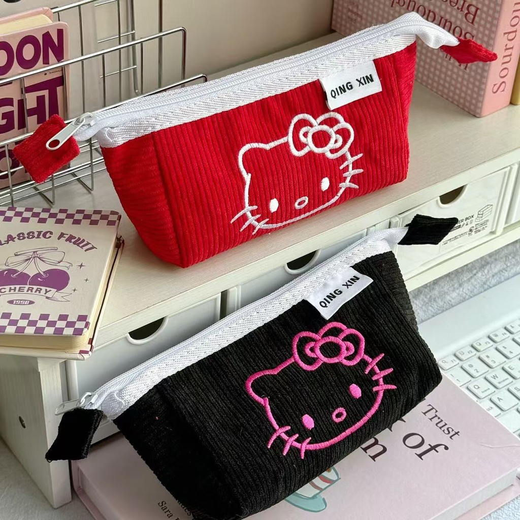 

Sanrio HelloKitty pencil case girly heart corduroy Hello Kitty stationery storage bag desktop finishing pencil case