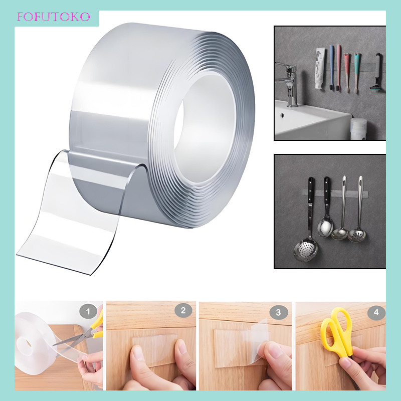 

4 PCS Tape Bisa Dicuci Perekat 2 Sisi / Nano Double Tape Transparan Ukuran 1 Meter, 3 Meter, 5 Meter / Tape Bening Anti Air