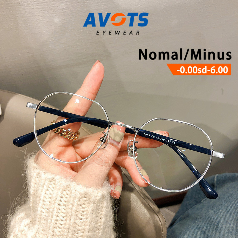 Avots Kacamata Photocromic Minus Silinder Wanita Pria Bulat Besi Frame INS Fashion  Bingkai Besar UV