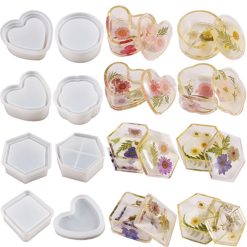 

Crystal DIY Epoxy Resin Heart Jewelry Box Silicone Mold Round Hexagon Storage Box Mold Brush Pot Resin Mold Jewelry Handcrafts