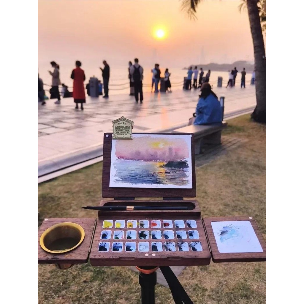 

Wooden Foldable Watercolor Drawing Board Travel Portable 24-color Paint Dispense Box Hand-painted Graffiti Dye Palette Art Tools