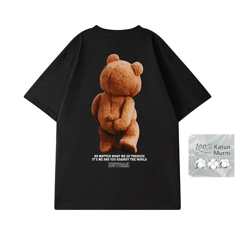 Kaos pria lengan pendek kartun lucu beruang gaya retro Amerika